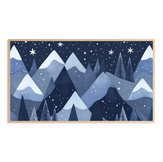 scandinavian style winter mountains forest blue monochrome Samsung Frame TV Art